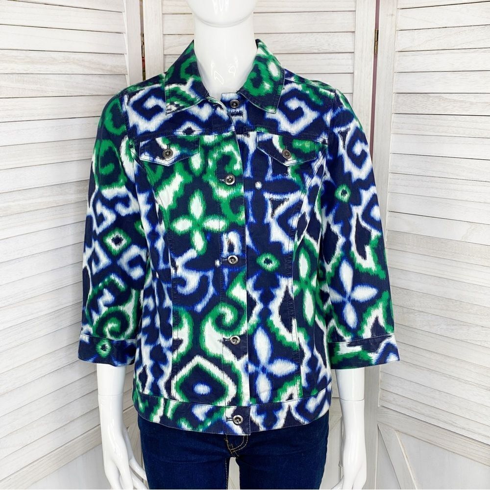 Chico's Floral Ikat Stretch‎ Cotton Jacket Blue Green Small 3/4 Sleeve
